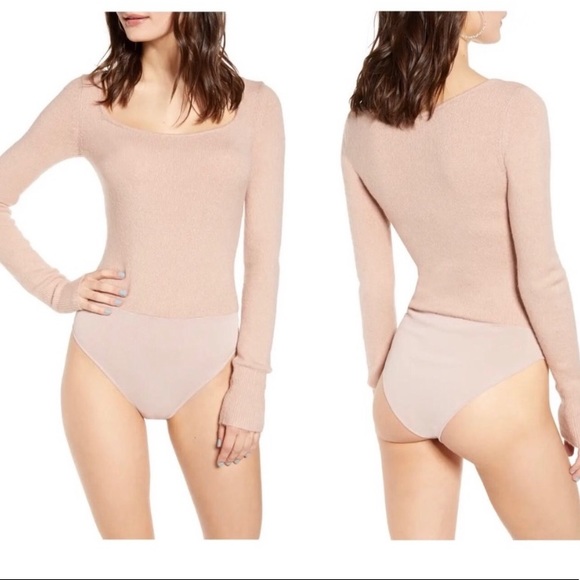 Leith Tops - Leith Square Neck Long Sleeve Knit Taupe Bodysuit size Large - taupe / pink